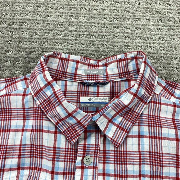 Columbia Shirt Men Extra Large XL Red White Plaid Button Up Short Sleeve Outdoor - Picture 5 of 11